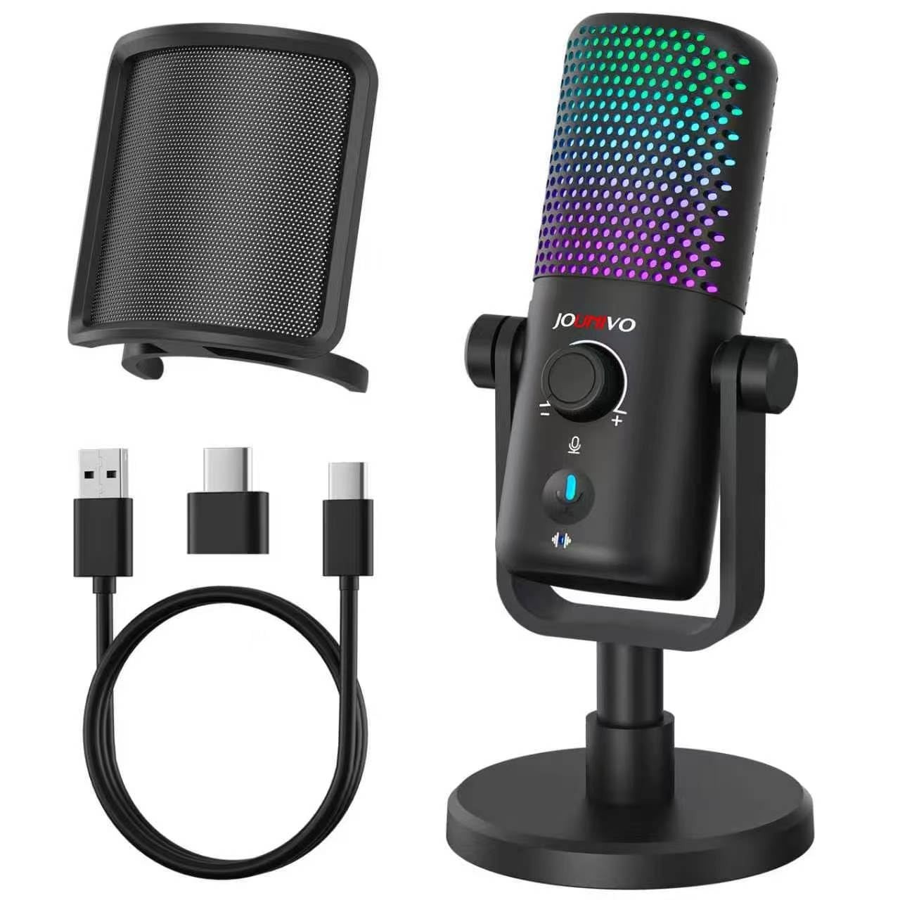 JOUNIVO Gaming USB Microphone for PC with Pop Filter Volume Control Black