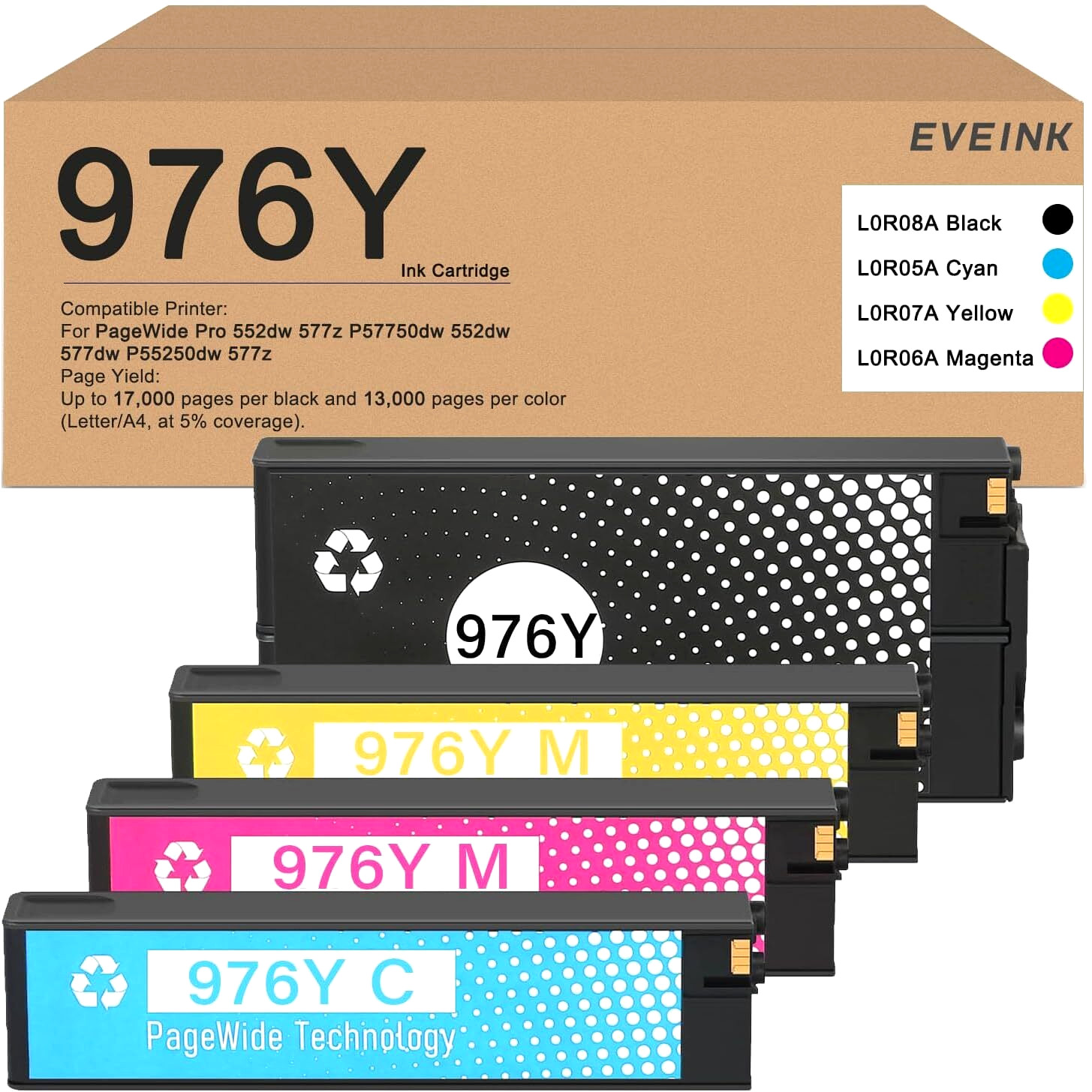976Y Extra High-Yield Ink Cartridge 4-Pack for HP PageWide Pro Series Printers