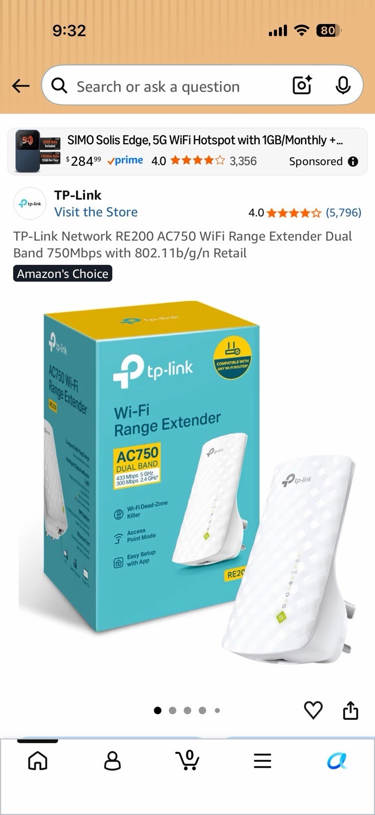 TP-Link RE220 AC750 WiFi Range Extender Dual Band Ethernet OneMesh