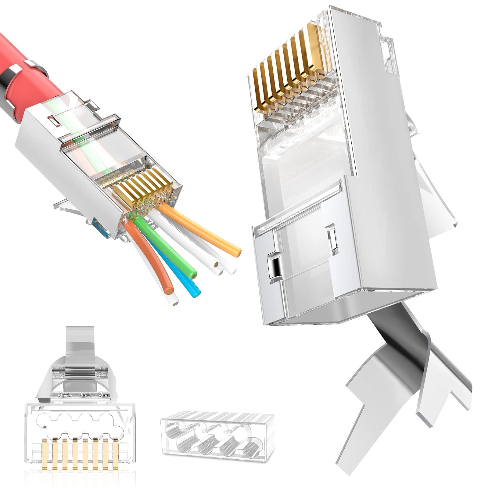 30 PCS Shielded RJ45 Cat6A Cat7 Pass Through Connectors 3 Prong 8P8C 50U