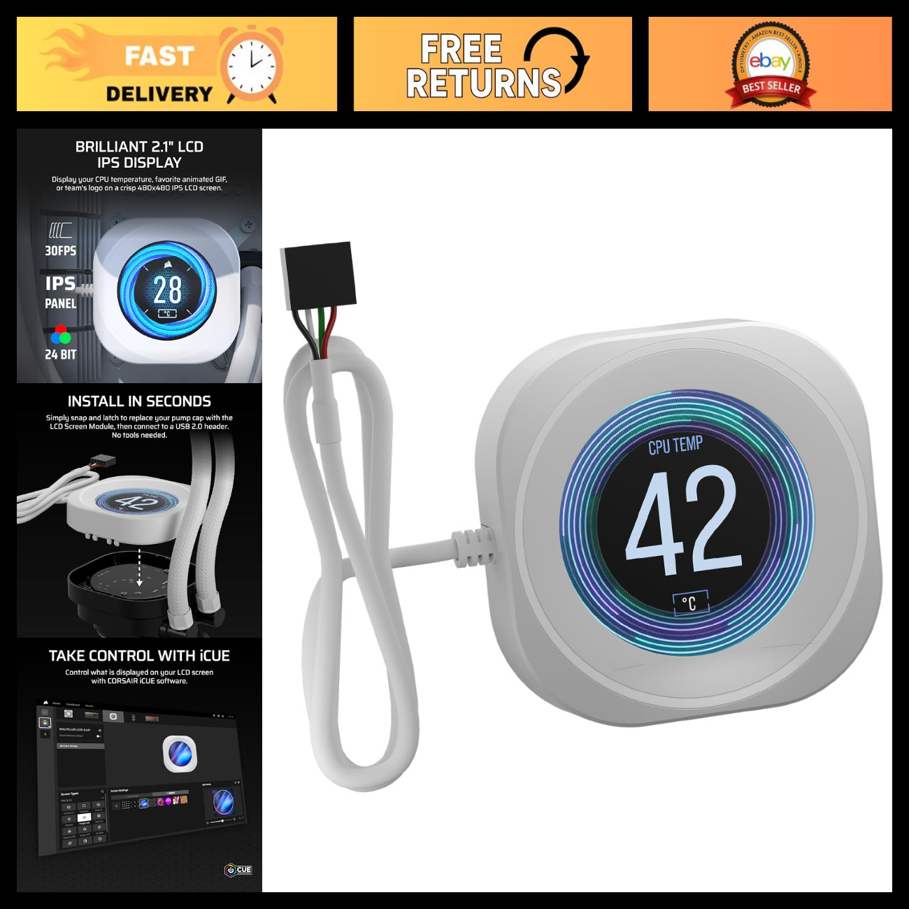 Nautilus RS LCD Module for AIO CPU Coolers – 2.1" IPS Screen, Tool-Free Install,