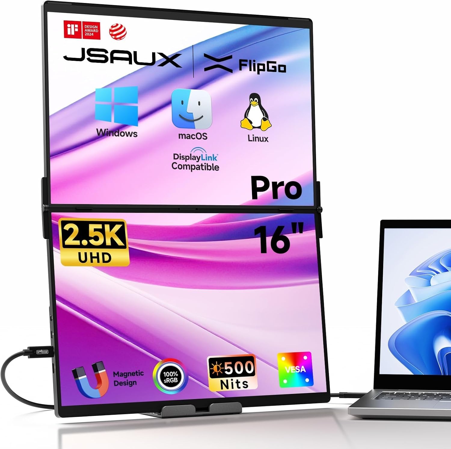 JSAUX FlipGo Pro 16" Dual Portable Monitors, 2.5K Triple Laptop Screen Extender,