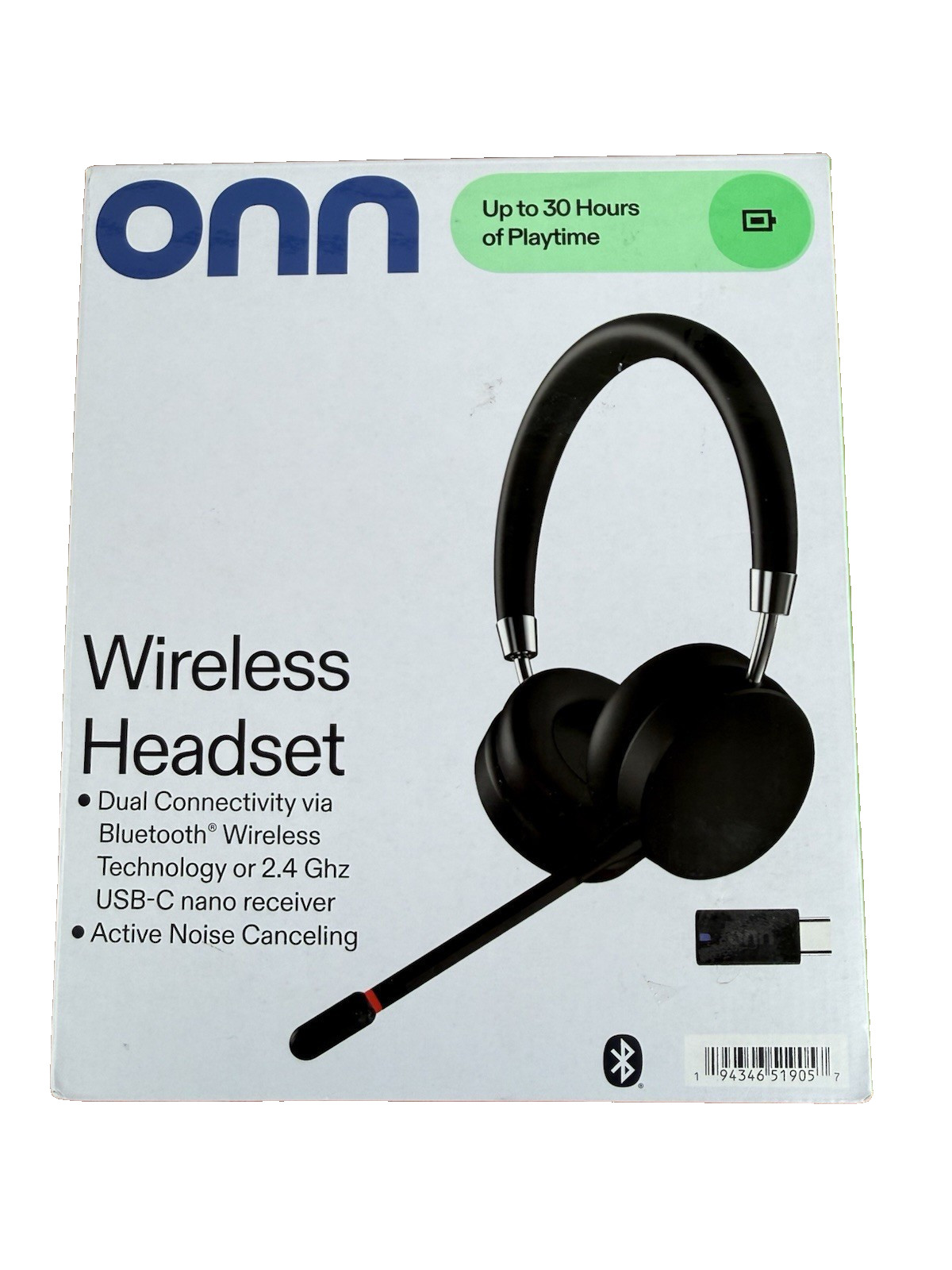 onn. PC Wireless Headset Bluetooth 2.4GHz ANC USB-C Receiver Black - NOB