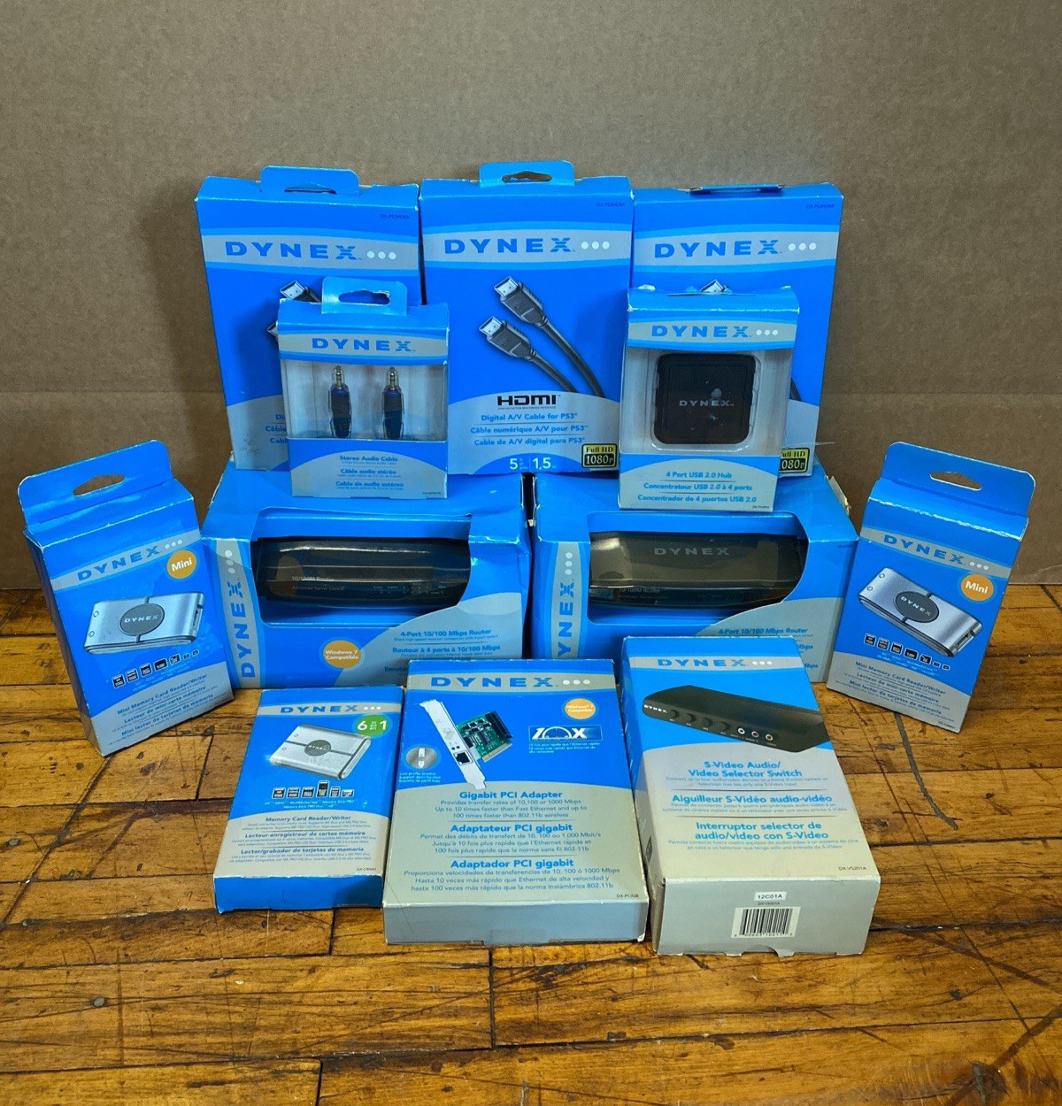 Lot of Dynex Electronics 4 Port 10/100 Router Gigabit PCI Adapter HDMI Cables