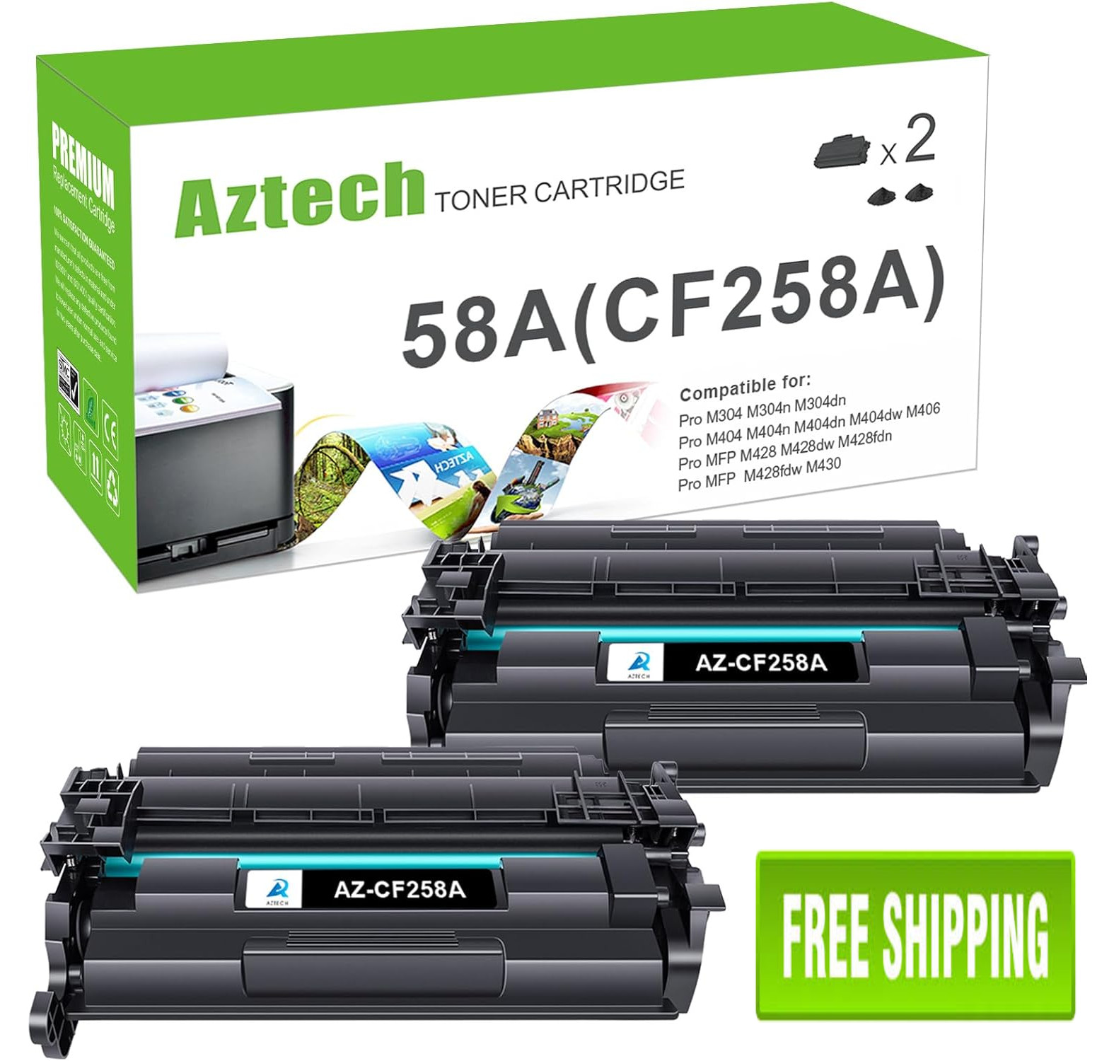 Aztech Compatible Toner Cart Replacement for HP 58A CF258A Black 2 Pack NO CHIP