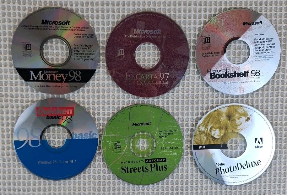 Vintage Microsoft 98 Adobe Quicken Software Disc Lot Bookshelf Encarta Money