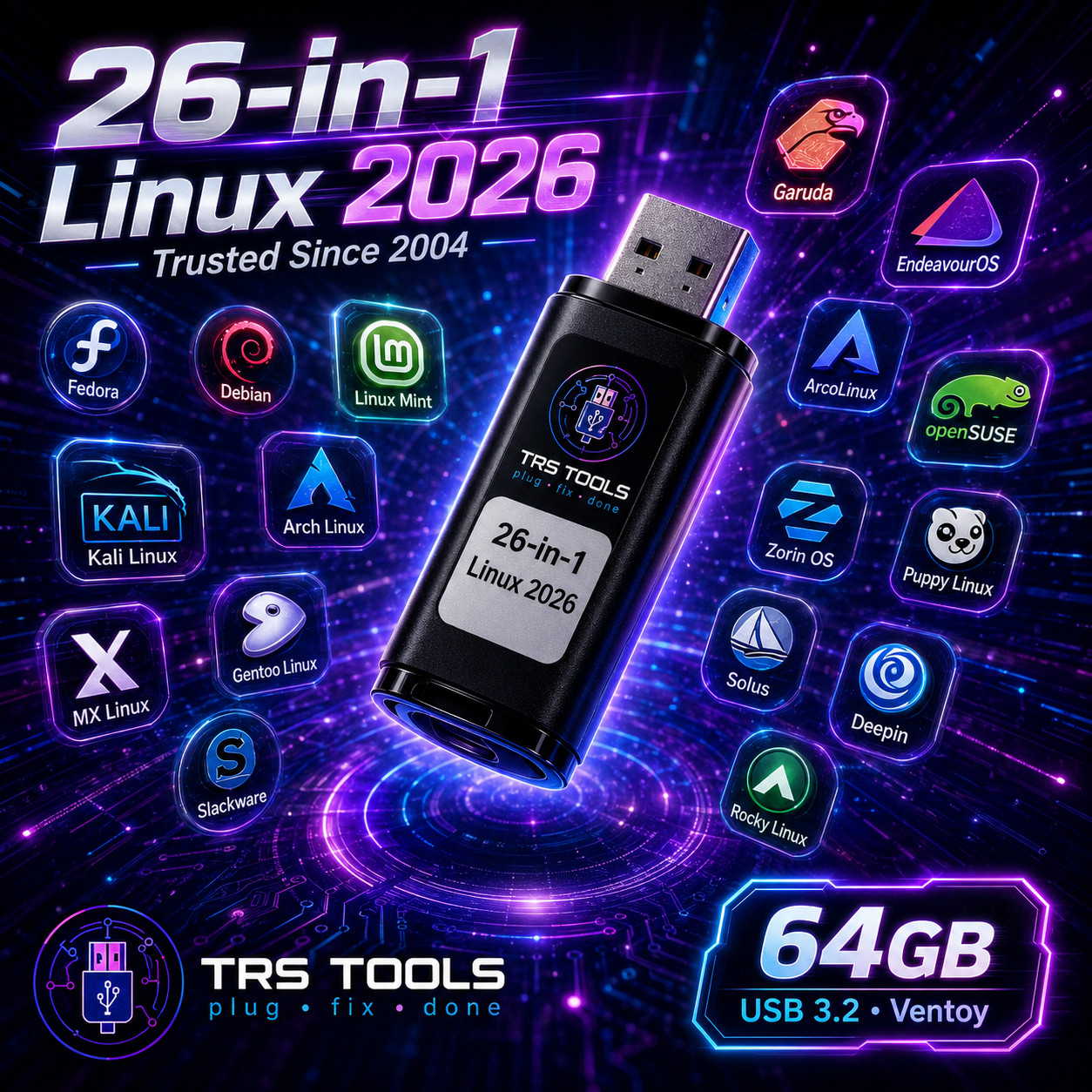 Prepared Linux USB 64GB | 26-in-1 Multiboot Media for Testing and Live Use