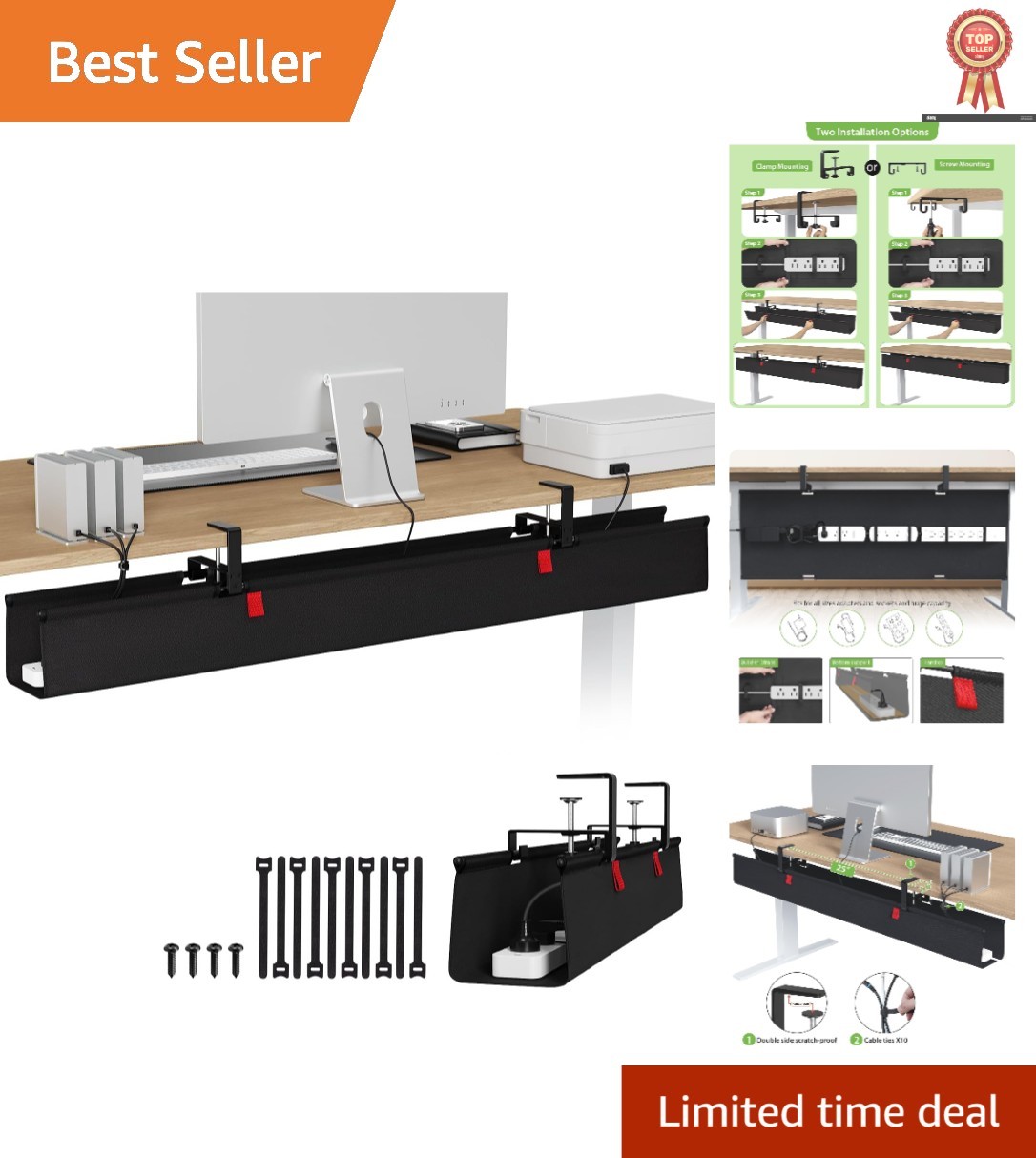 High Capacity 48-Inch No Drill Under Desk Cable Organizer for a Sleek Workspace