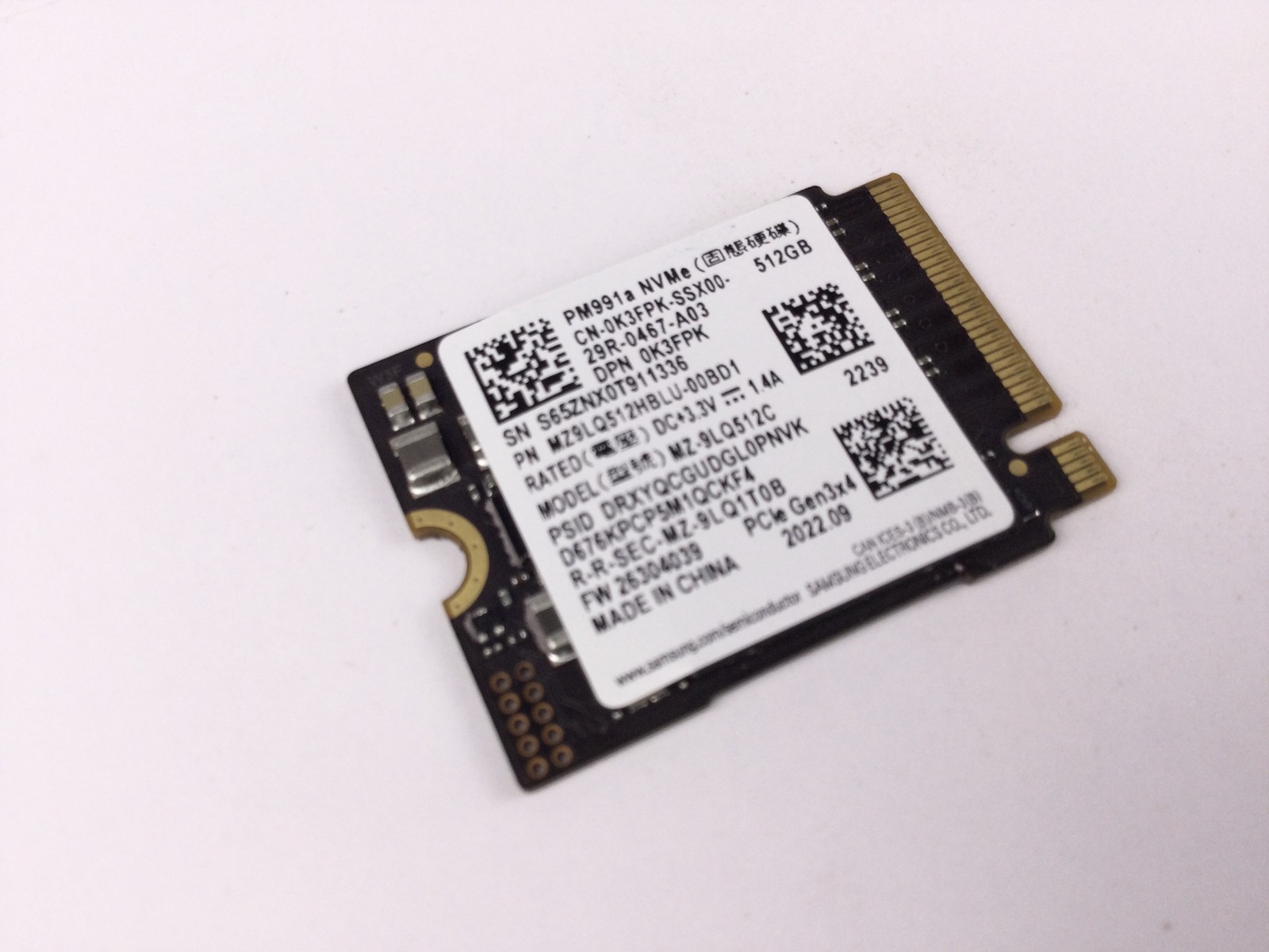 Samsung SSD PM991a MZ-9LQ512C PCle Gen3x4 NVMe 512GB M.2 2230 Solid State Drive