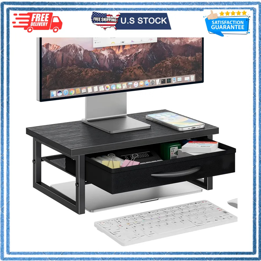 Ekisemio 2-Tier Monitor Stand with Fabric Drawer Wood and Metal Desk Organizer