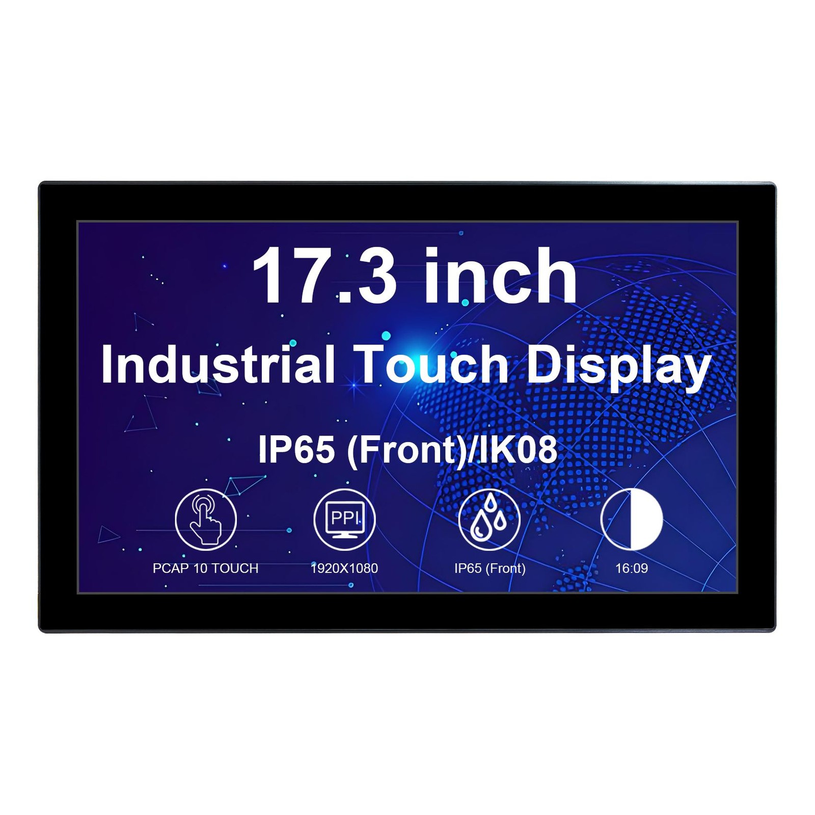 17.3 Inch 1920x1080 Industrial PCAP 10 Touch IPS LCD Monitor,IP65 (Front)/IK08