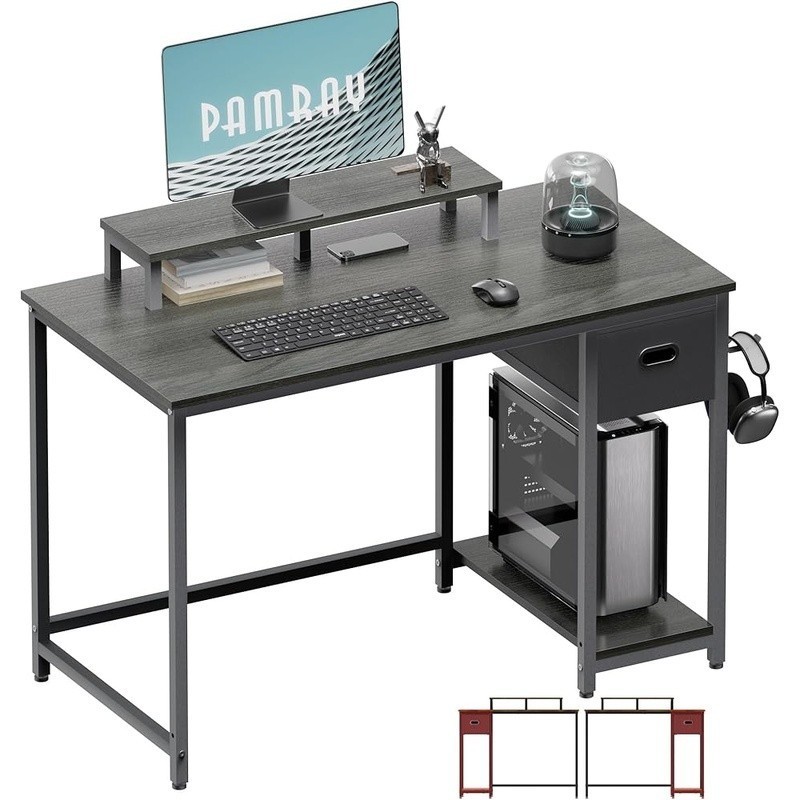 Compact Computer Desk W/ Adjustable Monitor Stand Storage Drawer & Hooks New