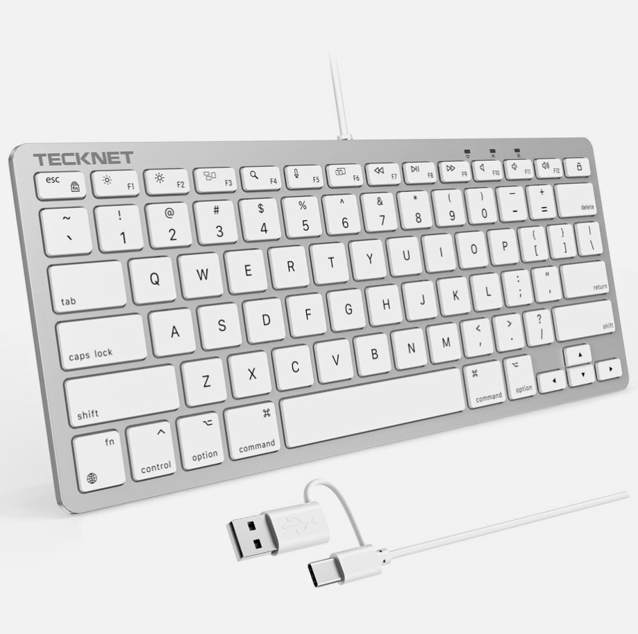 TeckNet Compact Wired USB Keyboard, Slim, White/Silver English QWERTY