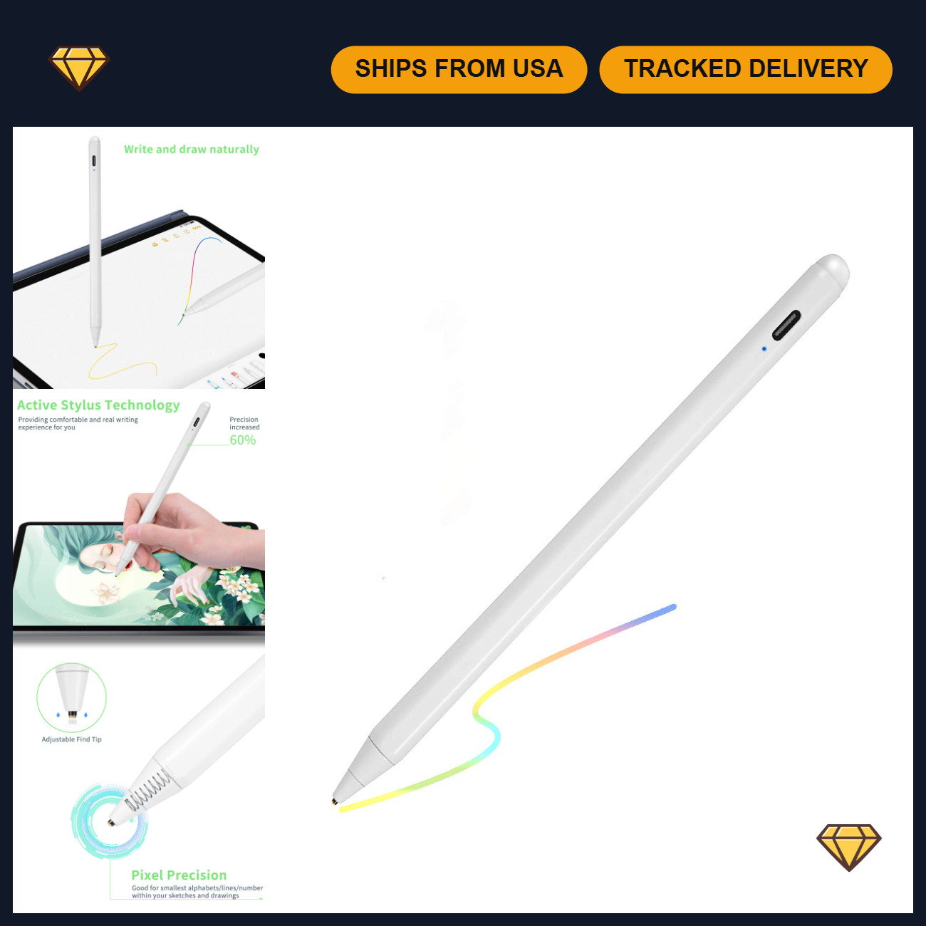 Rechargeable Active Stylus for iPad 5th Gen 9.7" - Capacitive Drawing Pencil, Wh