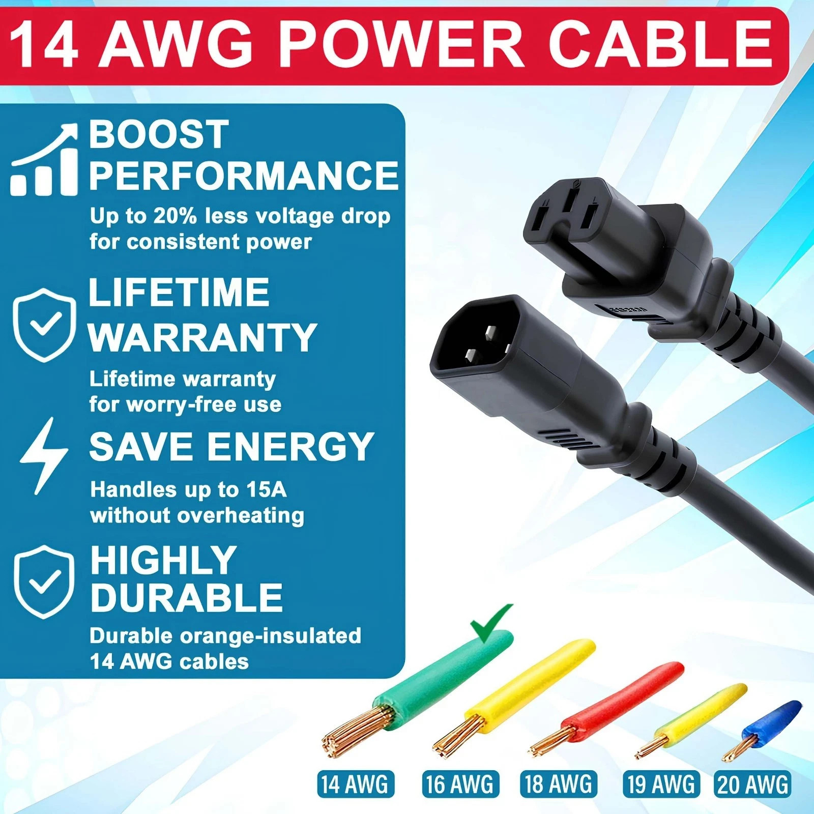 C14 to C15 Plug 6ft PDU Power Extension Cord NEMA 14AWG Black 250V NEW
