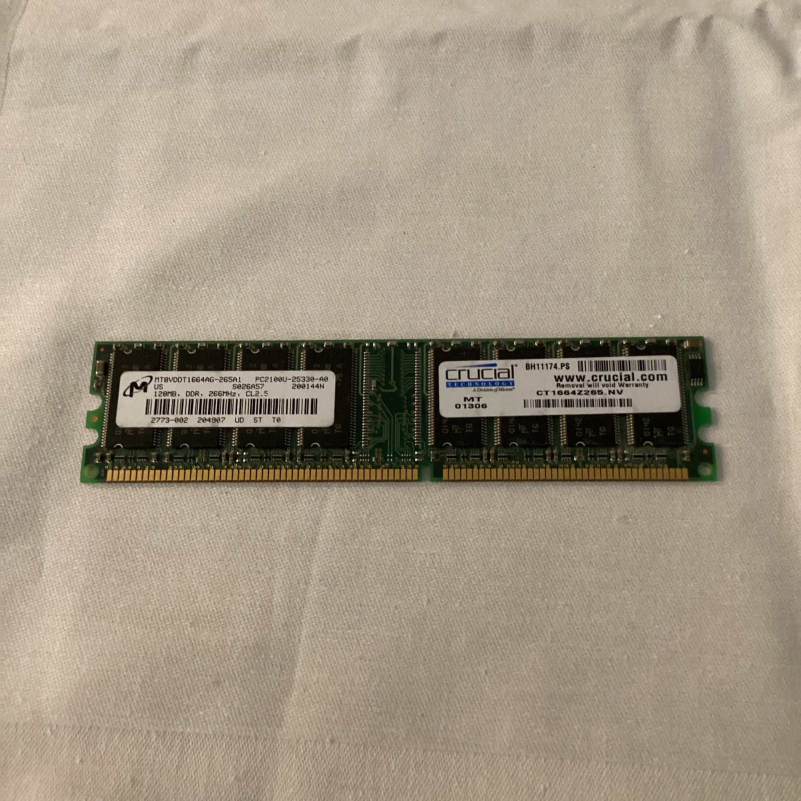 Micron 128MB PC-2100 DDR266 UDIMM CL2.5 2.5v MT8VDDT1664AG-265A1