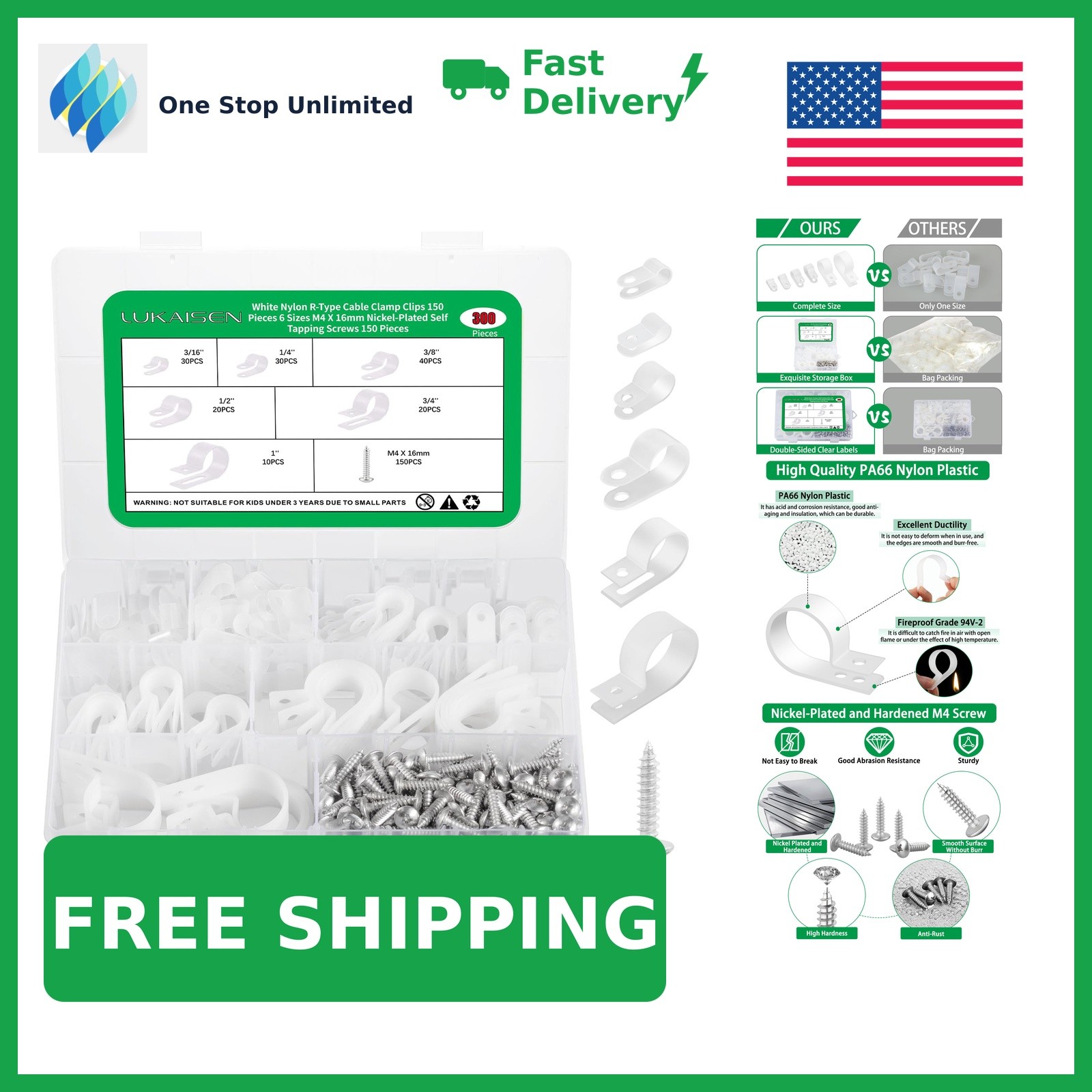 LuKaiSen R-Type Cable Clips with Screws, White, 300 Pcs