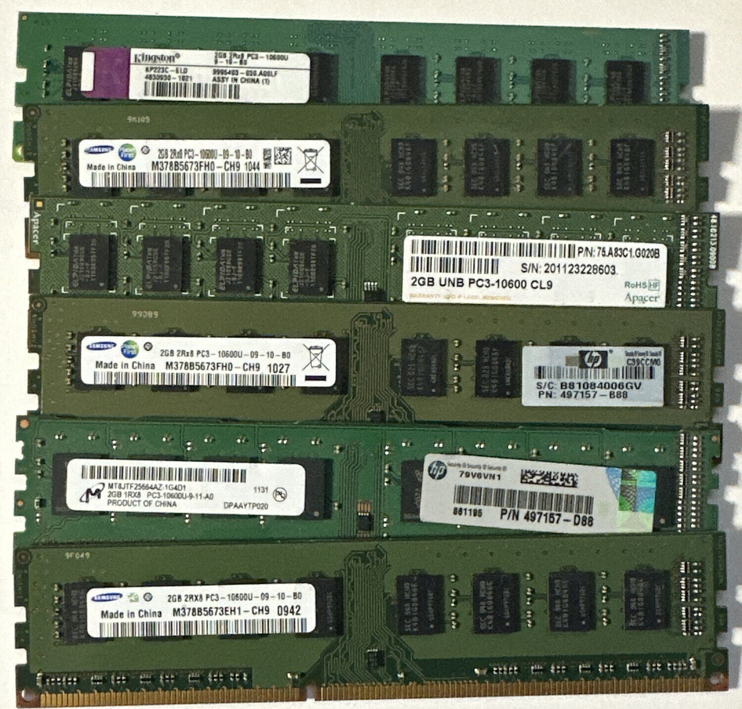 12GB Lot of (6) 2GB PC3-10600U DDR3-1333 Desktop Ram Memory Mixed Brands/Models
