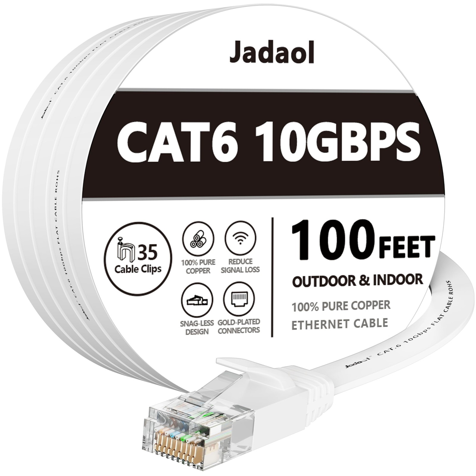 Cat6 Ethernet Cable 100FT High Speed Flat Network LAN Cord White with Clips 100