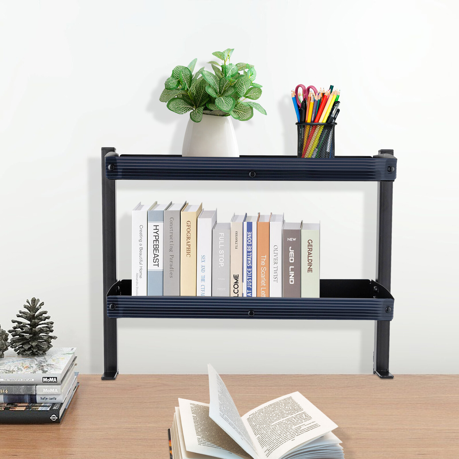 Clamp-On 2-Tier Desk Shelf, Adjustable Space-Saving Organizer for Home & Office.