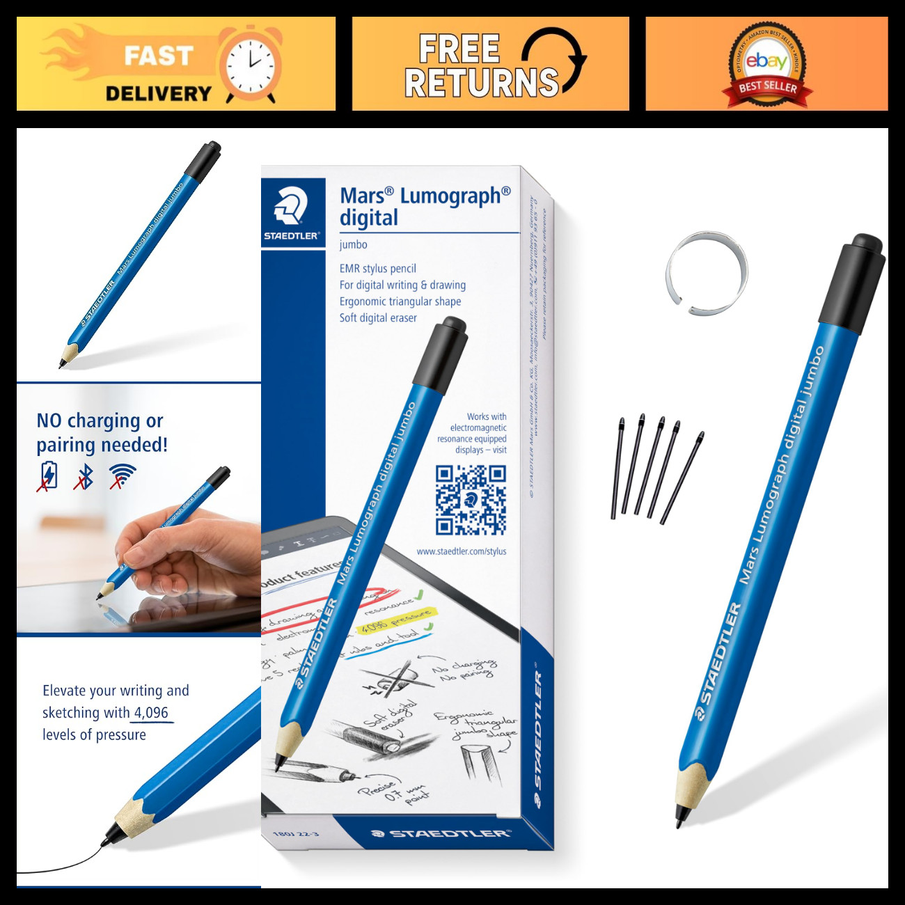 Jumbo Digital Stylus Pen with Eraser for Touchscreens - No Charging, Thick Grip,