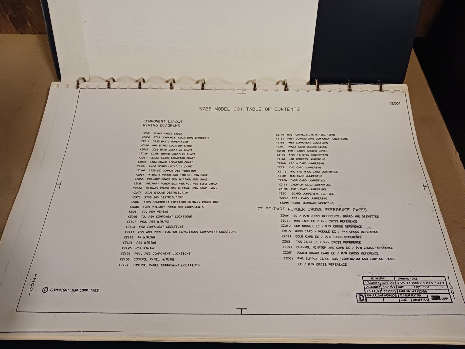 IBM 3725 Model 001 Table of Contents, Schematic Description and Other Data