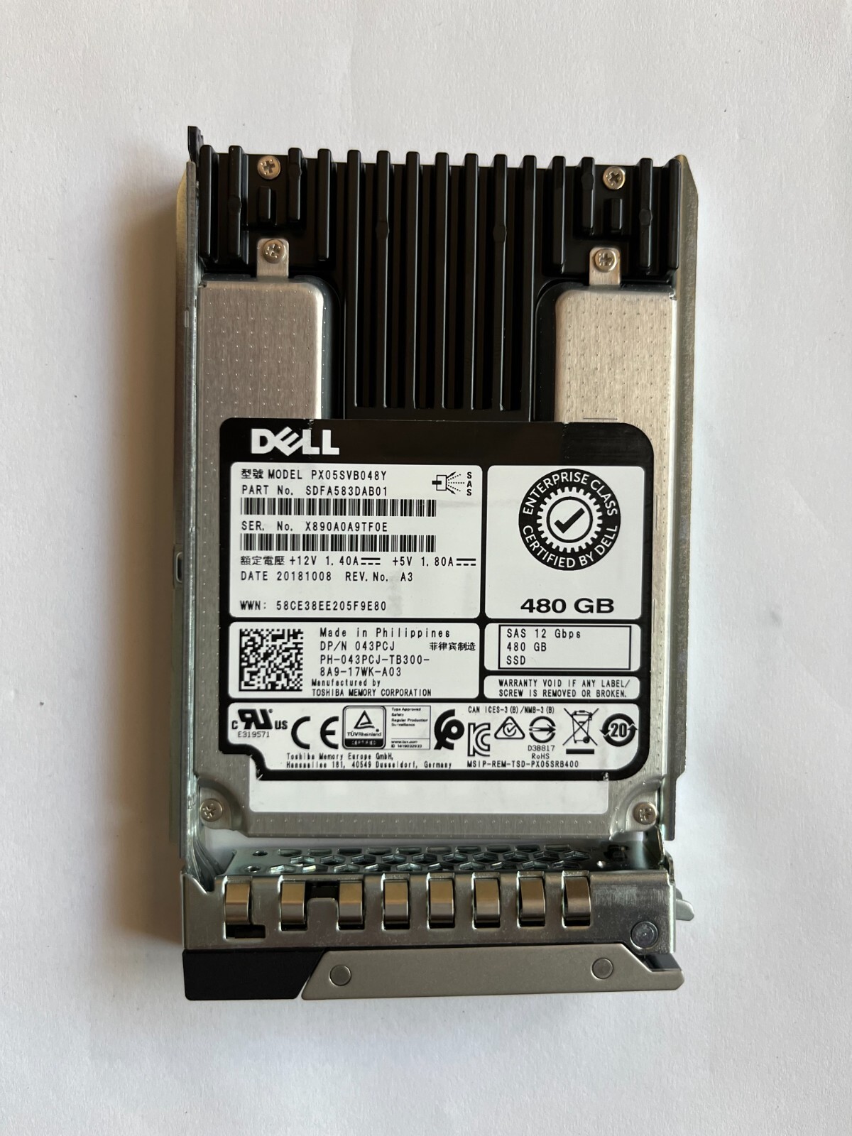 43PCJ Dell Toshiba PX05SVB048Y 2.5" 480GB 12G SAS SSD  043PCJ R640 R740