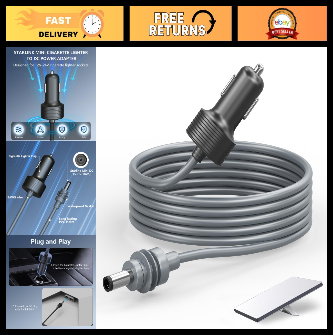 3M/10FT Mini Power Cable for Starlink, 12V Car Adapter, Durable & Flexible