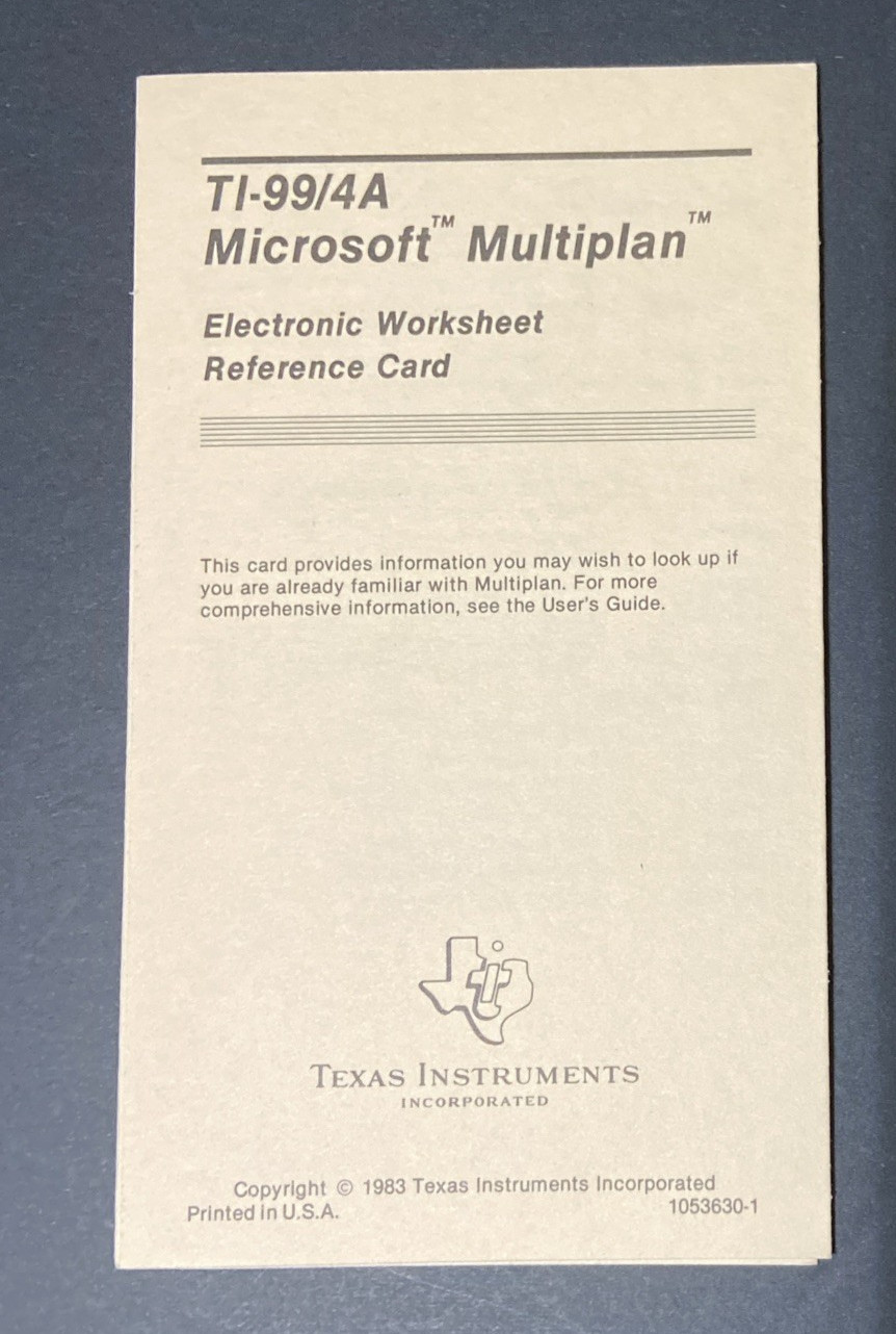 TI-99/4A Microsoft Multiplan Reference Card Texas Instruments 1983