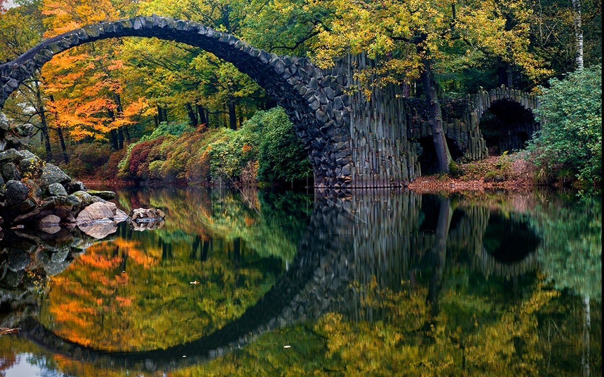 Landscape nature fall colorful bridge forest reflection Custom Gaming Mat Desk