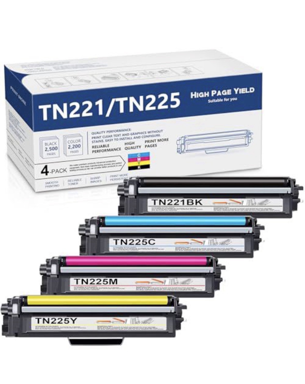 TN221/TN225 High Yield Toner Cartridge 4 Pack Compatible Brother Color Set