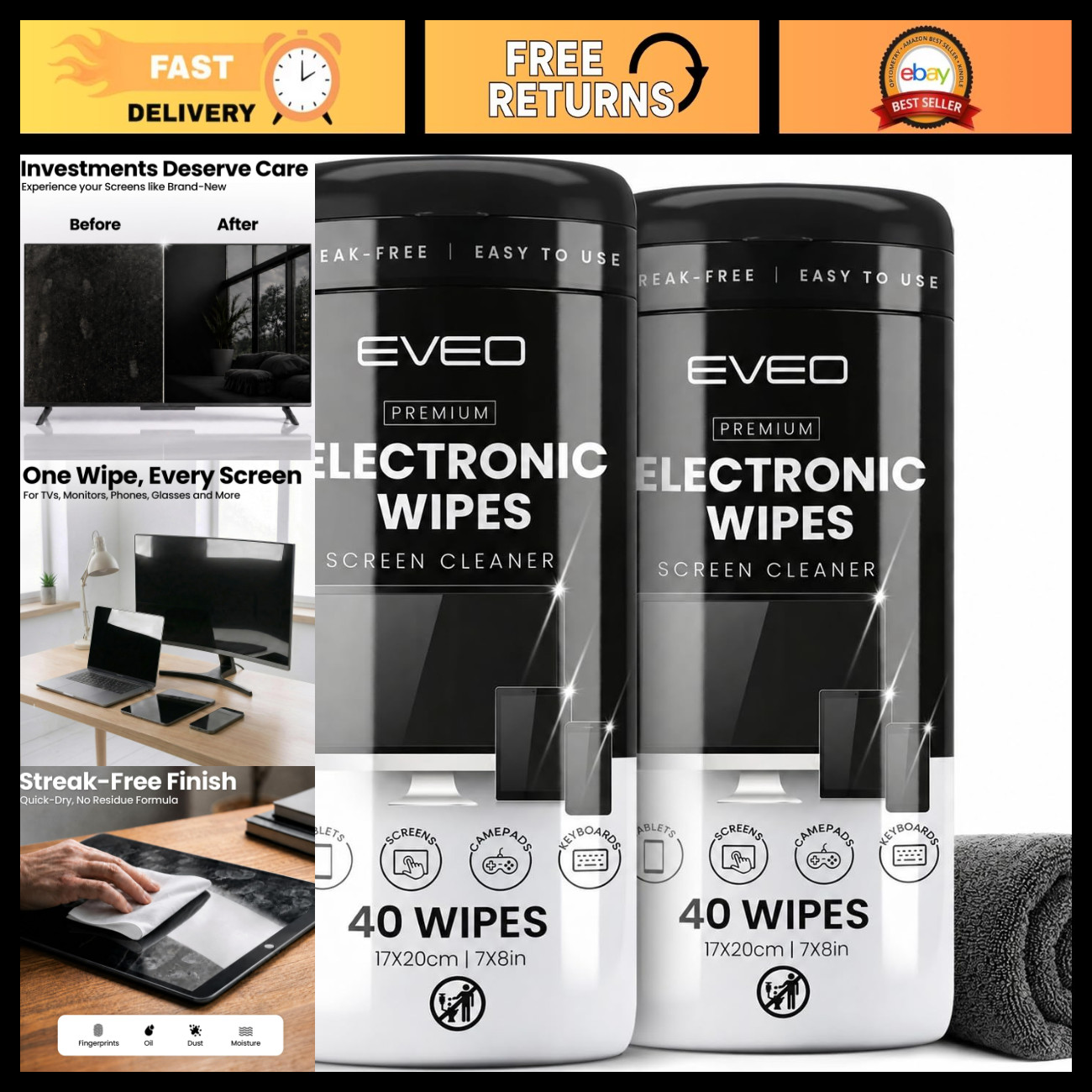 Streak-Free Electronic Screen Cleaner Wipes [2 Pack x40] for TV, Laptop, iPhone,