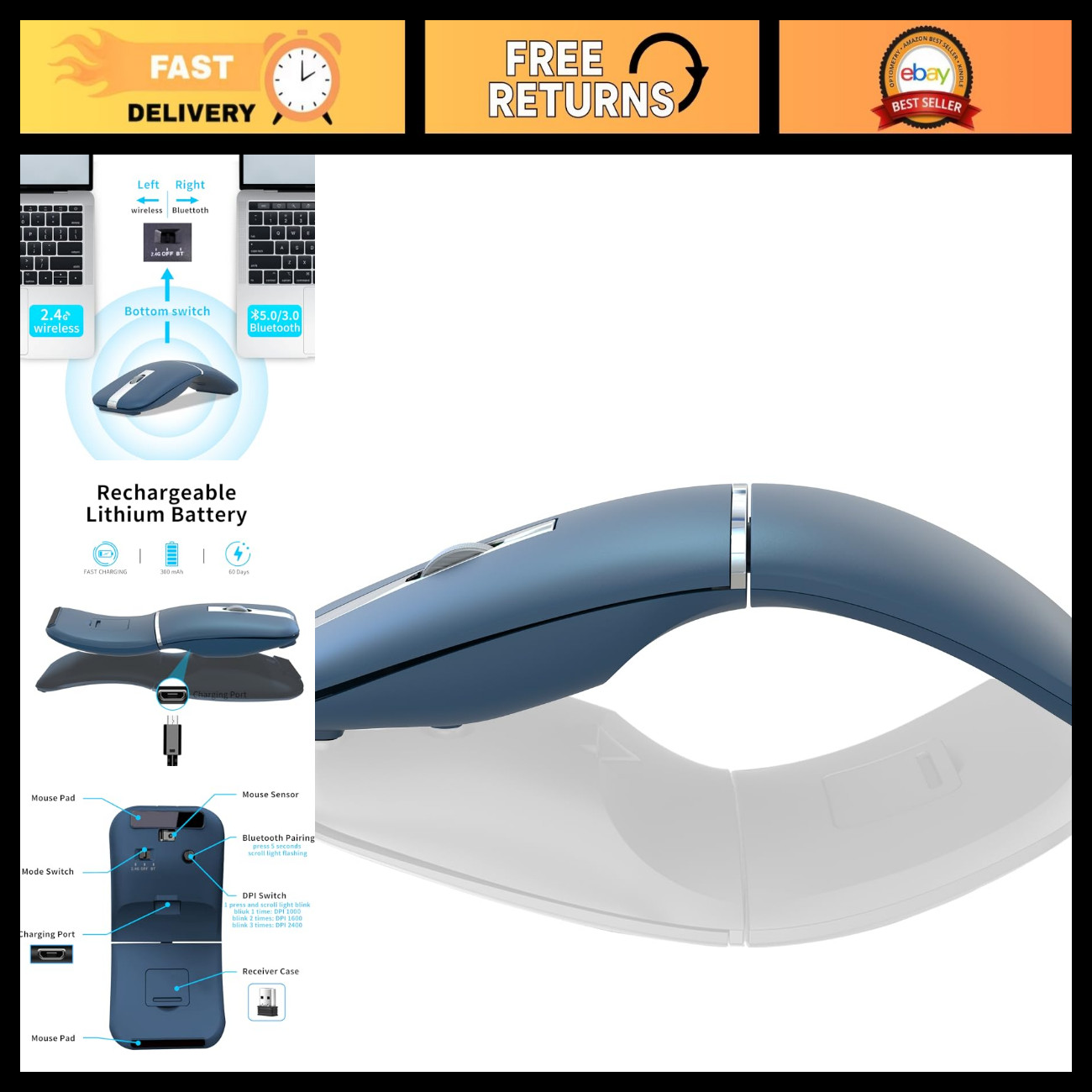 Wireless Bluetooth Arc Travel Mouse - Dual Mode BT & USB, Rechargeable Design
