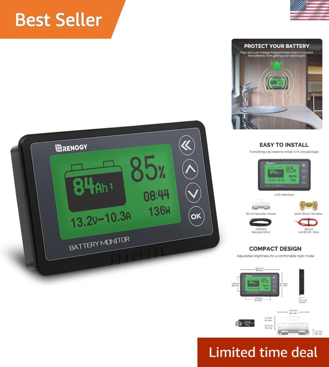 Robust 500A Battery Monitor and Tester with Shunt - High Accuracy LCD Display