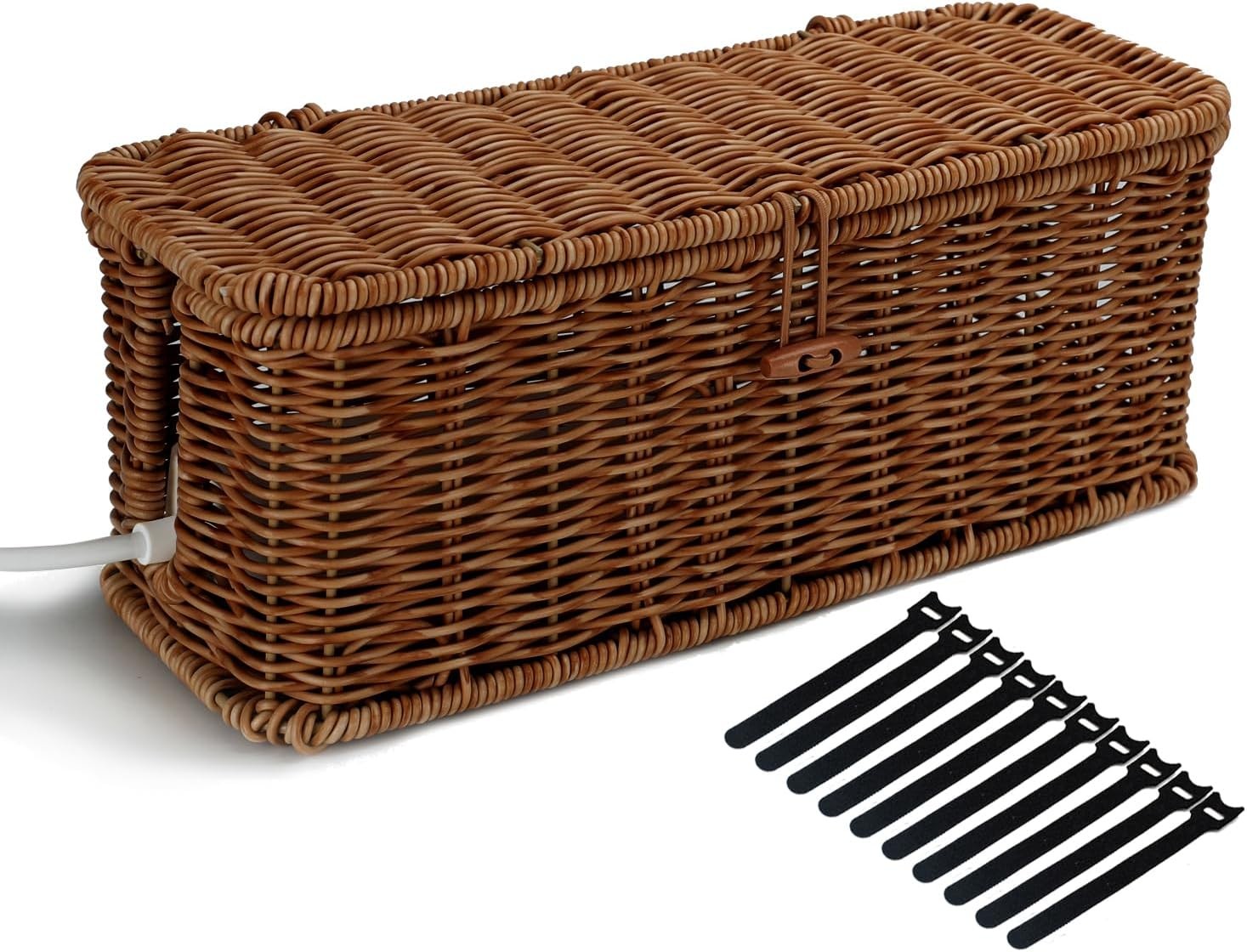 Cable Management Box, Desk Handwoven Rattan Cord Hider Cable Organizer Box With