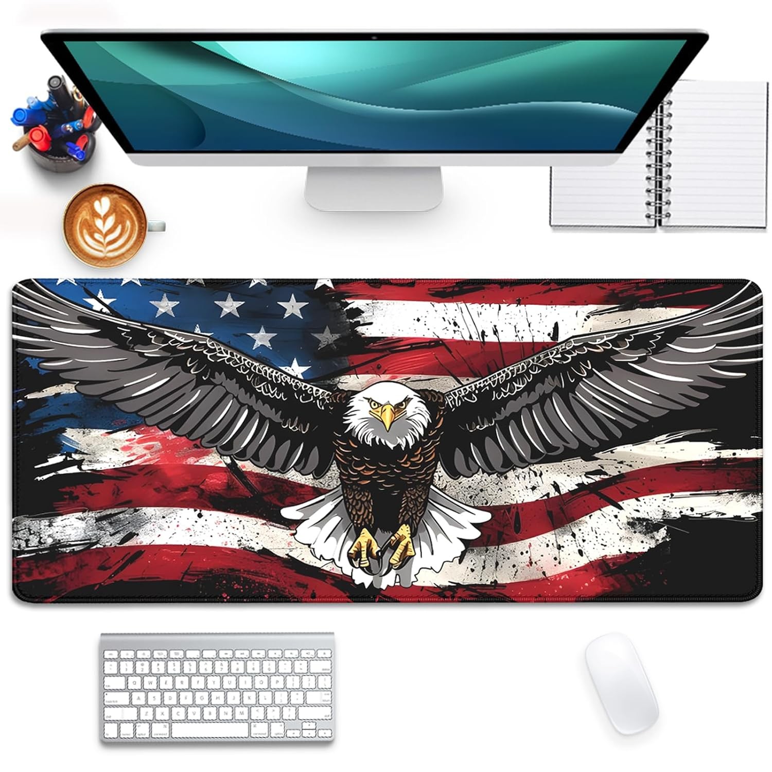 American Flag Mouse Pad,USA Bald Eagle Desk Pad,Large Extended Gaming Floral Mou
