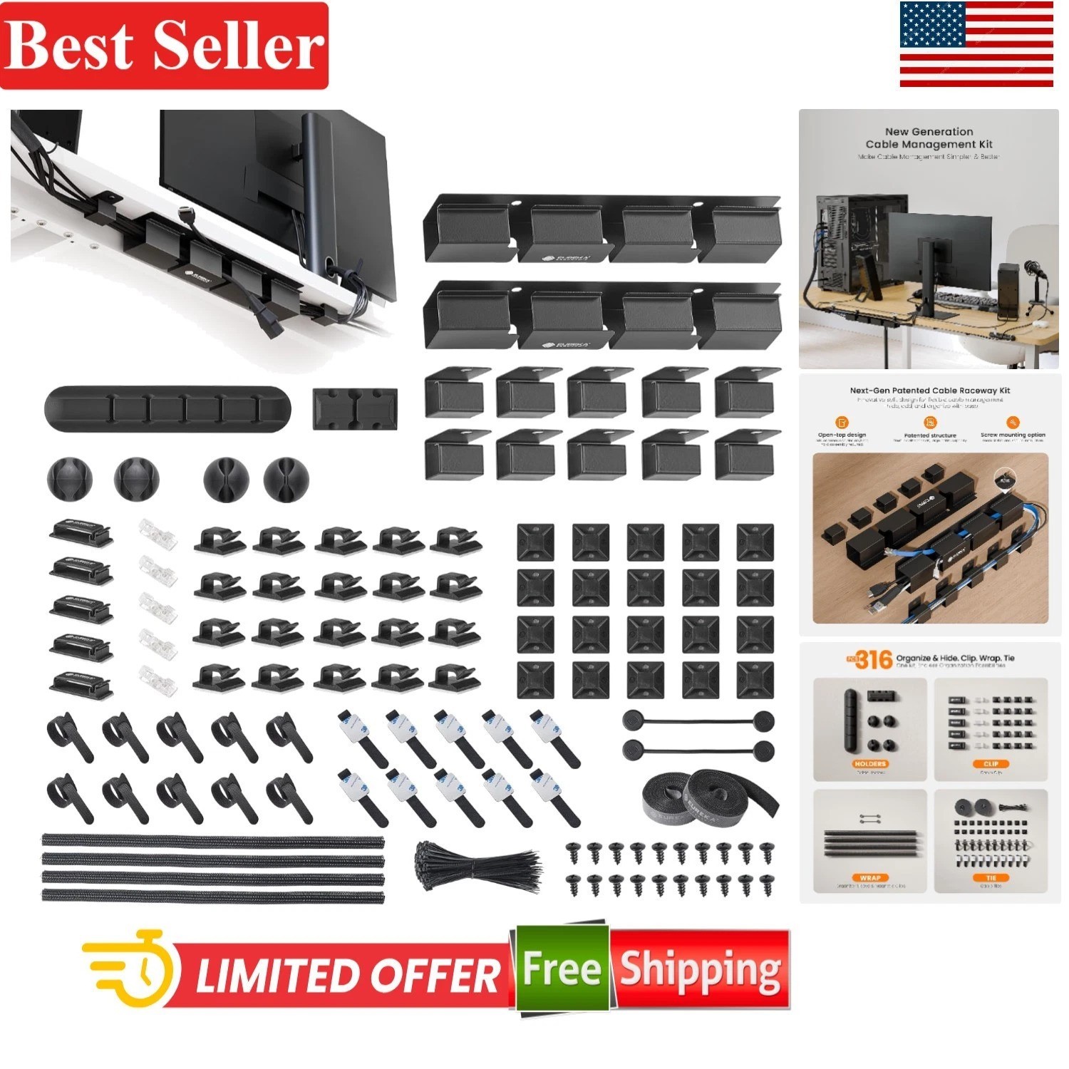 316PCS Cable Management Kit Black Metal Raceways Cord Clips Sleeves Ties