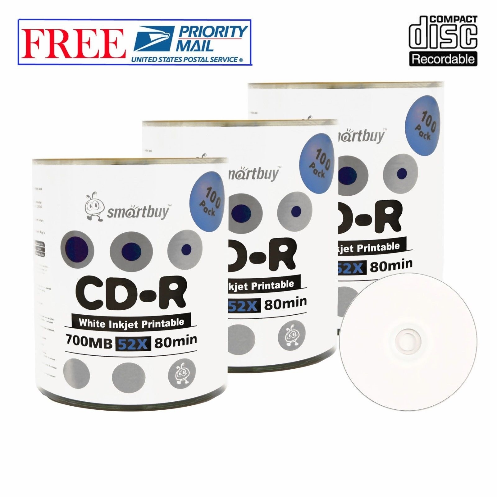 300 Pack Smartbuy CD-R 52X 700MB White Inkjet Printable Blank Recordable Discs