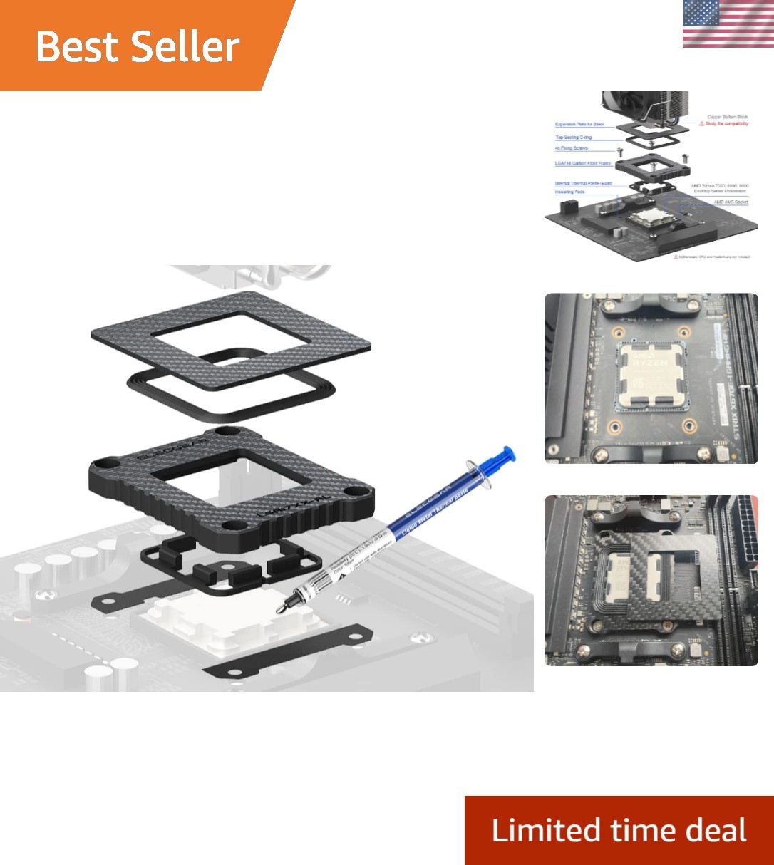 AMD CPU Contact Frame + Liquid Metal Thermal Paste, Carbon Fiber Mod ILM for ...