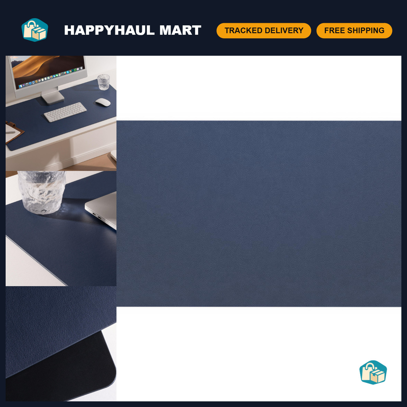 Large Leather Desk Blotter Pad 36x20" - Non-Slip, Waterproof, Flat, Blue Office