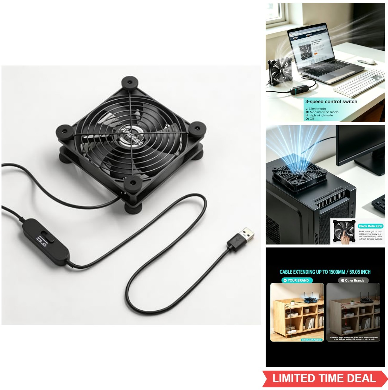 120mm USB Computer Fan 5V 12V Dual Voltage 3 Speed 100CFM Quiet 18dB Router