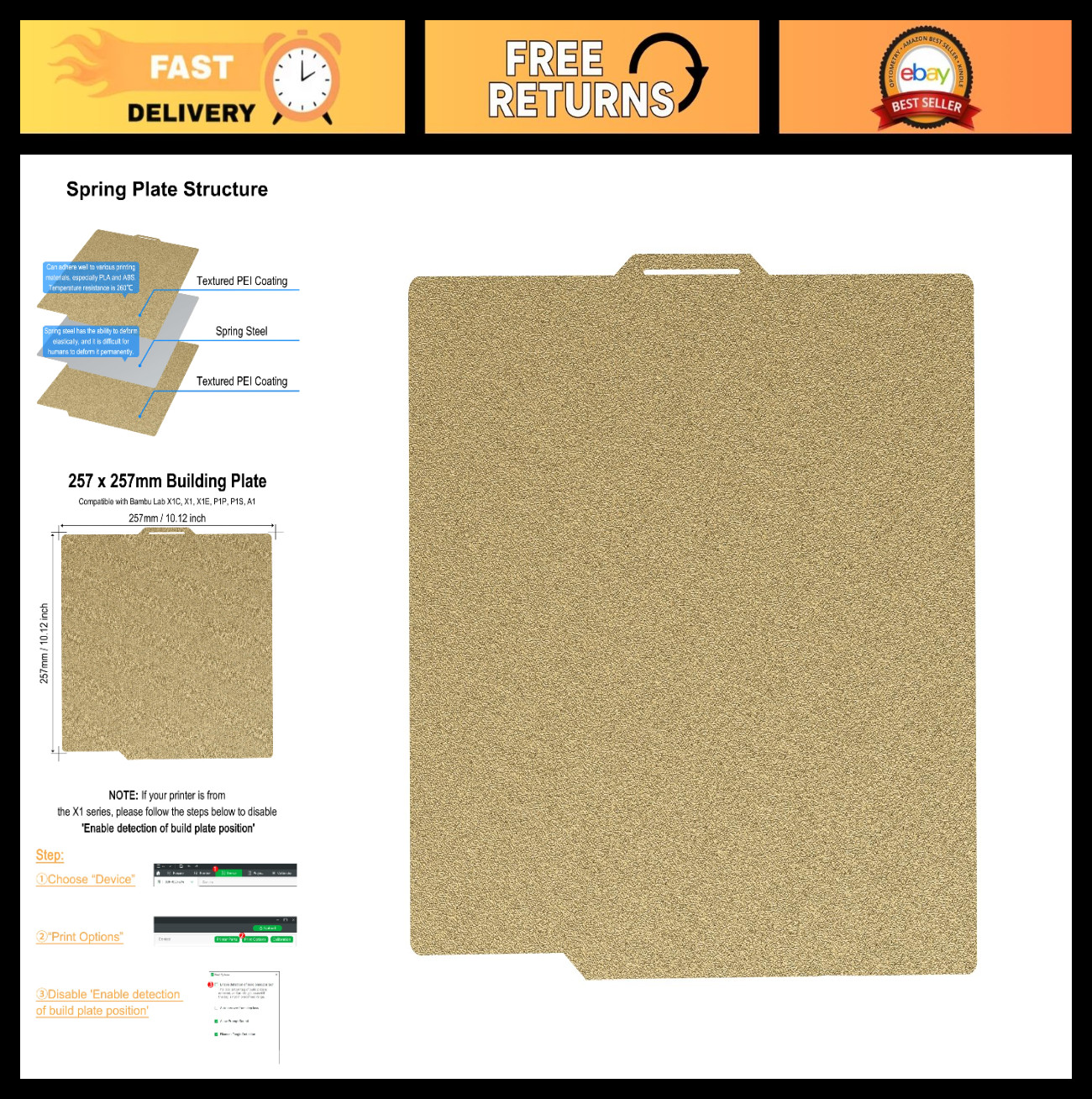 257mm Double-Sided Textured PEI Build Plate for 3D Printers - Strong Adhesion, S
