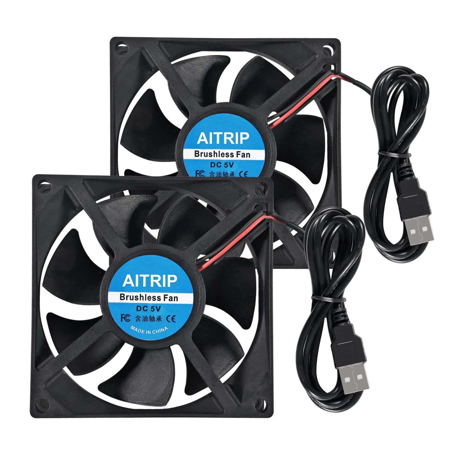 AITRIP 2PCS 80mm USB Fan 5V Brushless 8025 80x25mm for 5V,