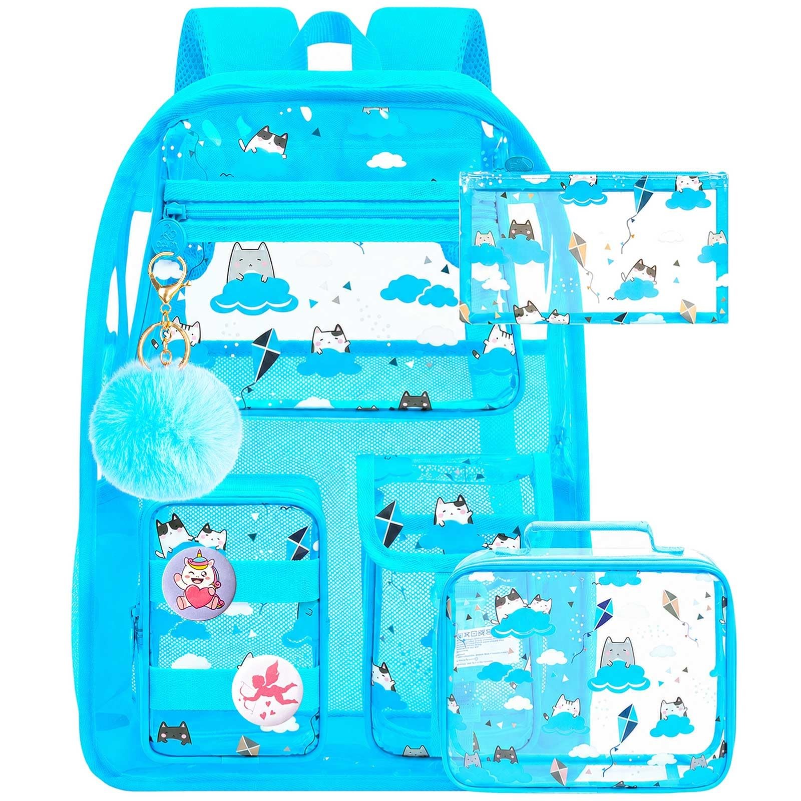 WZLVO Clear Backpack, 17" Heavy Duty PVC One Size, Backpack - Blue Cat