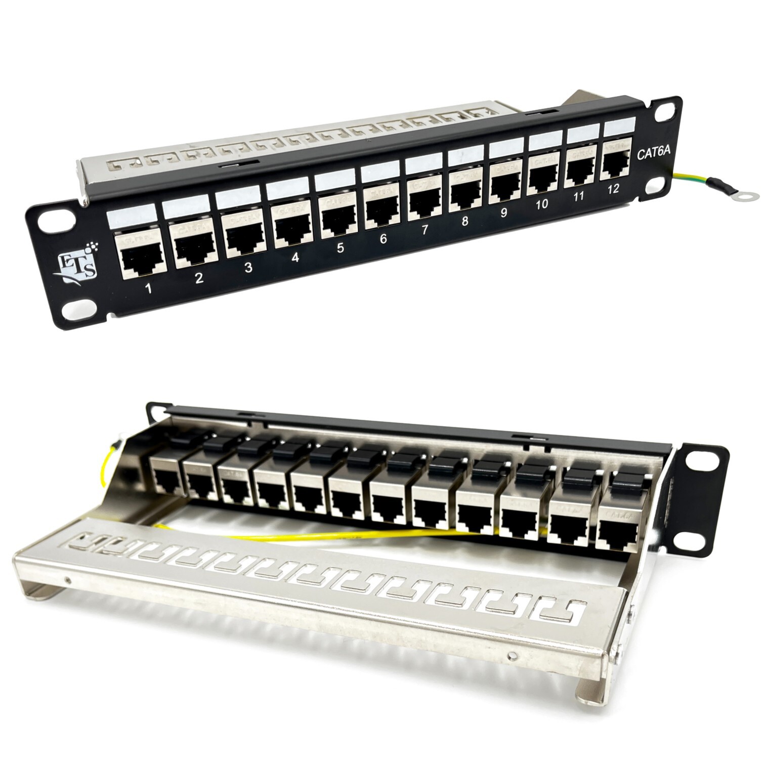 ETS 12 Port Patch Panel 10 inch Cat6A Inline Keystone, Feedthrough Coupler