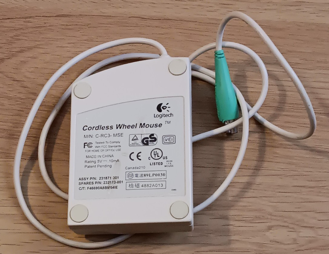 Vintage Compaq Logitech C-RC3-MSE White Cordless Wheel Mouse Receiver 5V 10mA