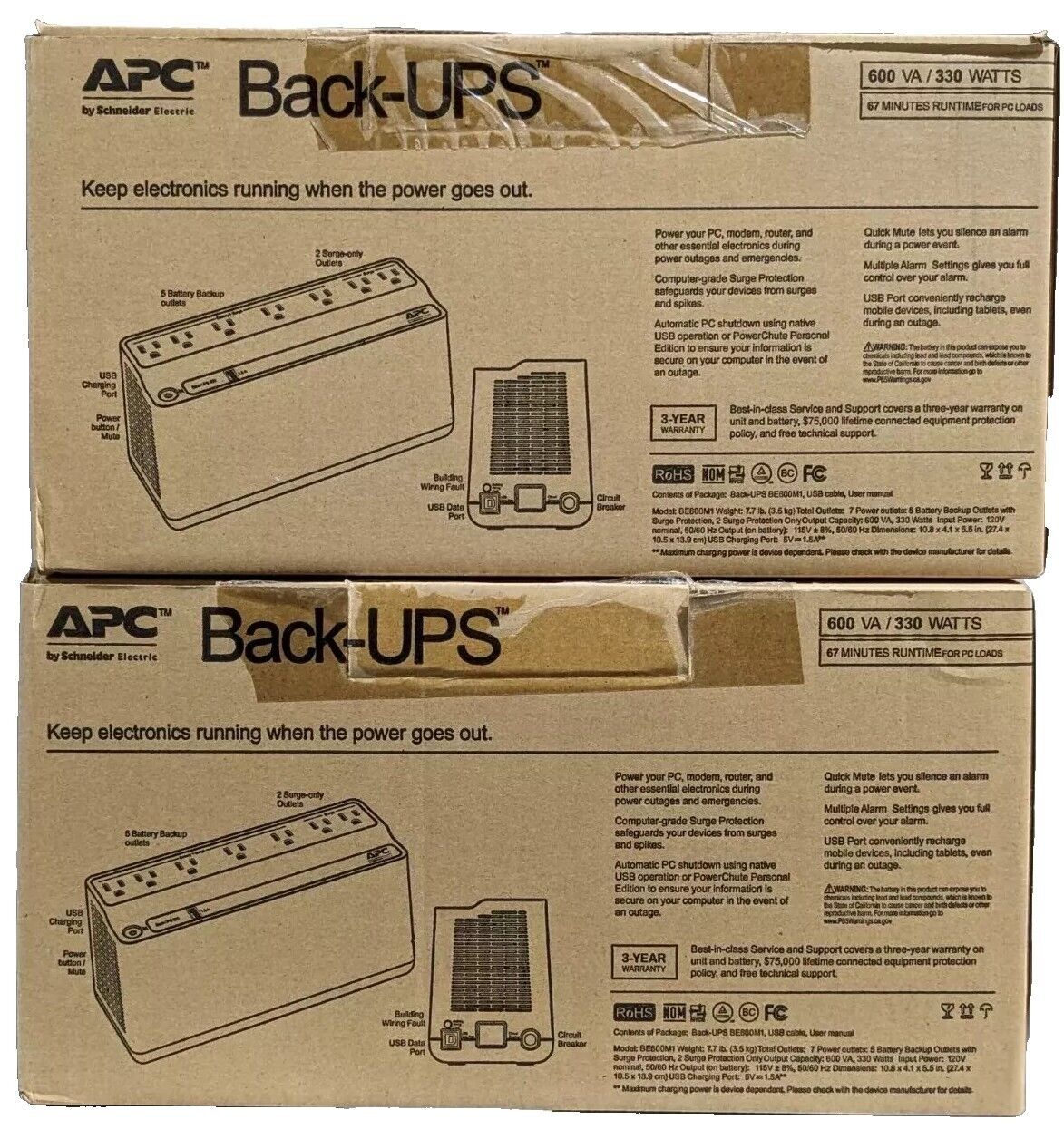 APC by Schneider Electric Back-UPS BRAND NEW Battery Back-up 600VA 120V 2 Total
