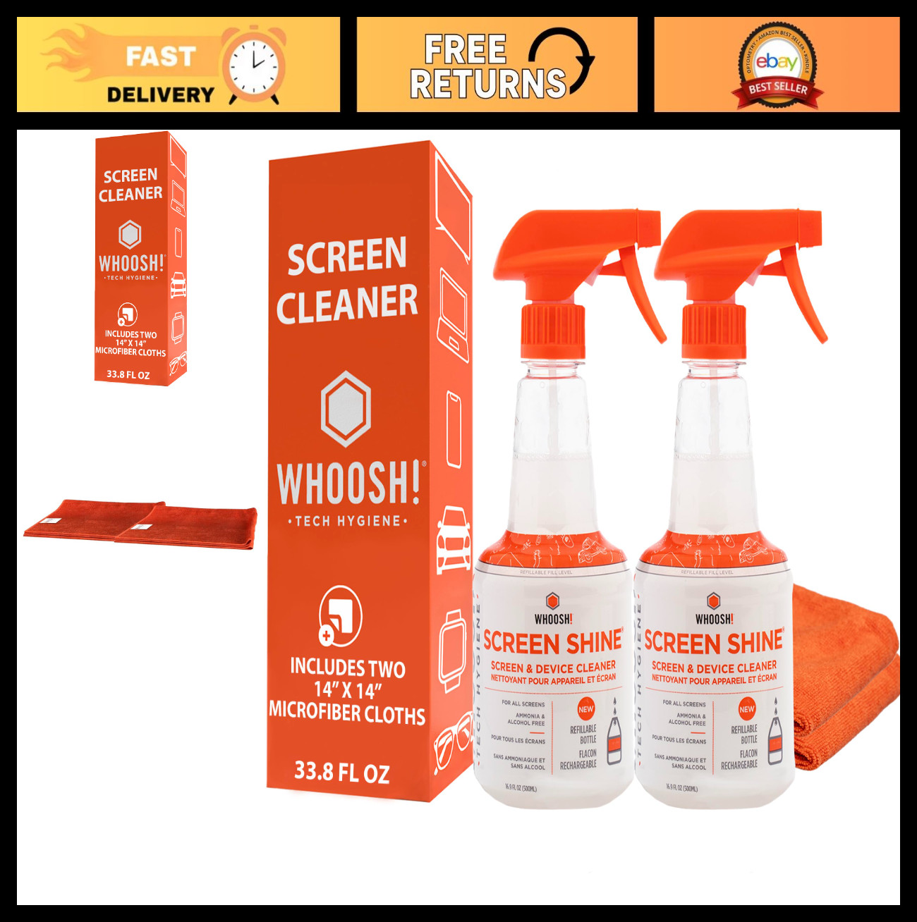 Streak-Free TV Screen Cleaner & Microfiber Cloth Set - Non-Toxic, Refillable, 16