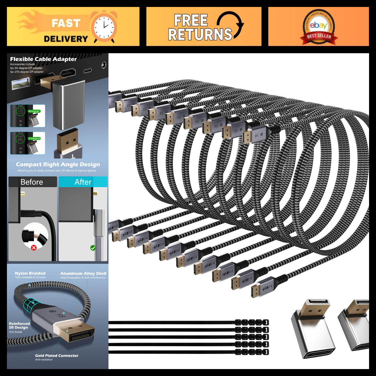 High-Speed 8K DisplayPort 1.4 Cable 6FT, 32.4Gbps, HBR3, HDR, Braided DP Cord +