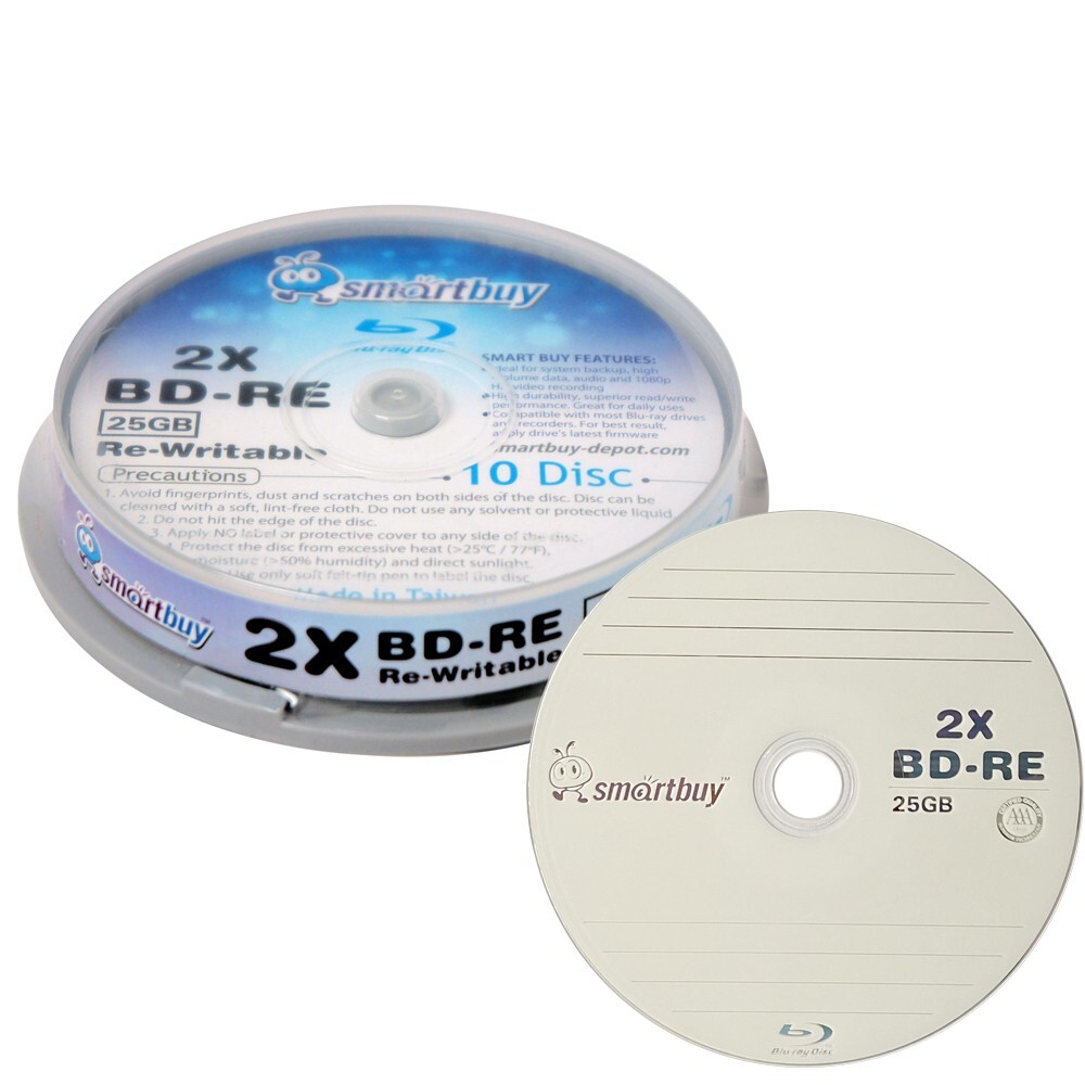 10 Pack Smartbuy 2x 25GB Blue Blu-ray BD-RE Rewritable Branded Logo Blank Disc